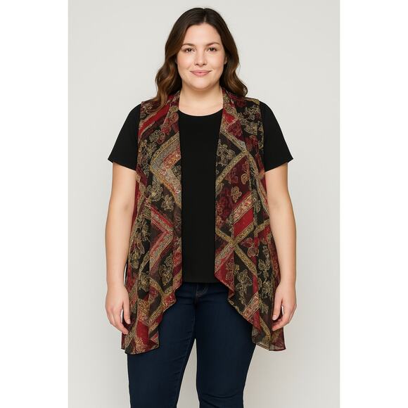 Susan Graver Sleeveless Open Front Sheer Vest Gold Baroque Drape Front Plus 2XL - Picture 2 of 13